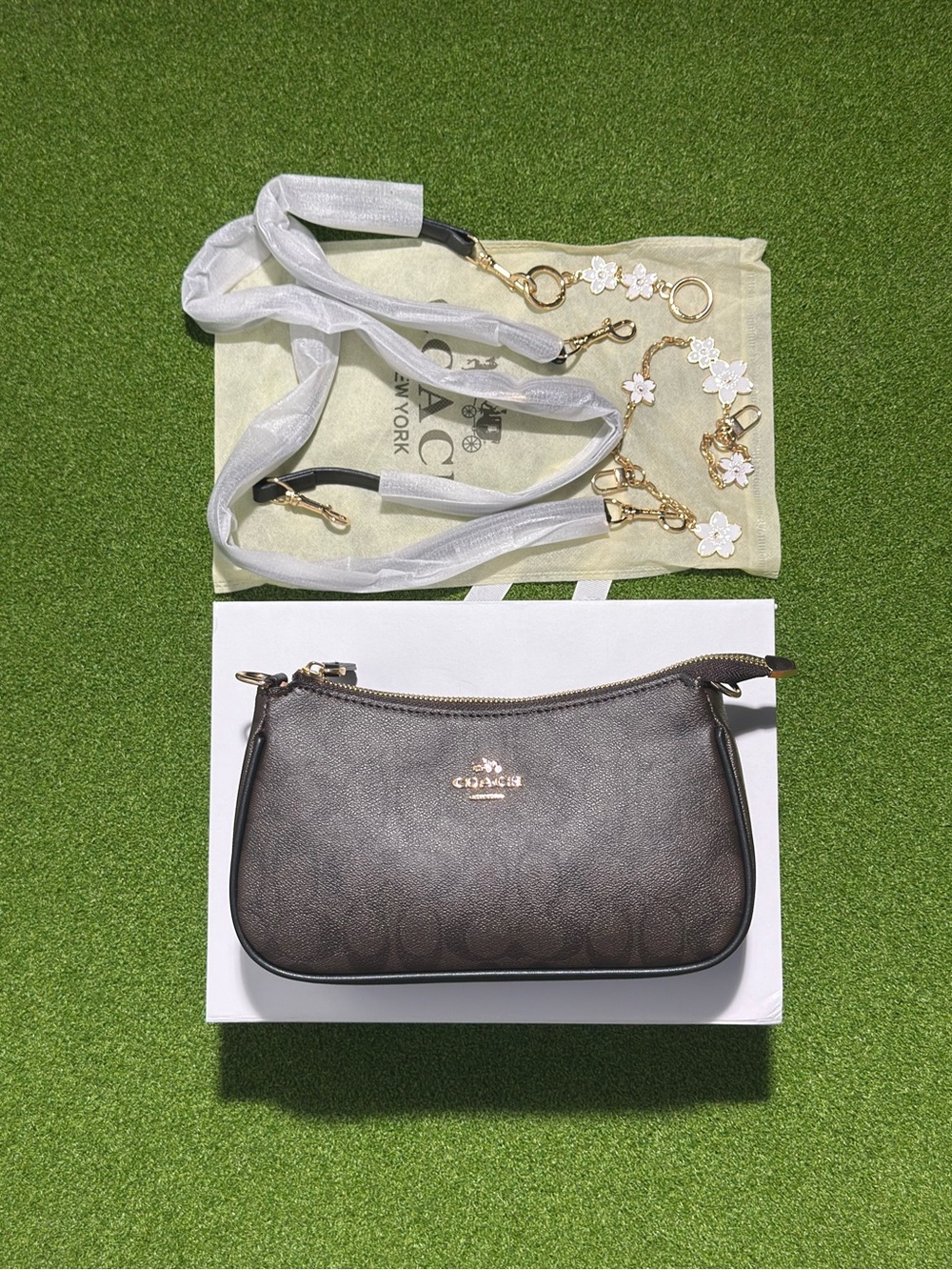 Coach Brown Signature Crossbody Pouch with Floral Charms